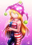  adapted_costume american_flag bad_id bad_pixiv_id bare_shoulders blonde_hair blush bodysuit breasts clownpiece collarbone commentary_request contrapposto flying_sweatdrops hands_together hat highres jester_cap long_hair looking_at_viewer polka_dot red_eyes shimizu_pem small_breasts solo standing taut_clothes touhou very_long_hair 