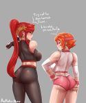  2girls aestheticc-meme ass blush breasts eyebrows gloves green_eyes grin large_breasts long_hair looking_at_viewer looking_back multiple_girls nora_valkyrie open_mouth orange_hair ponytail pyrrha_nikos red_hair rwby short_hair shorts smile sweat text_focus tied_hair 