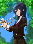  black_hair brown_serafuku brown_skirt hibike!_euphonium instrument kousaka_reina leaf long_hair looking_at_viewer neckerchief pleated_skirt purple_eyes red_neckwear school_uniform serafuku skirt solo tree trumpet yone 