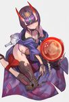  alcohol breasts cup fate/grand_order fate_(series) forehead_jewel from_above highres horns lack leg_ribbon looking_at_viewer oni oni_horns purple_eyes purple_hair red_ribbon ribbon sakazuki sake short_hair shuten_douji_(fate/grand_order) simple_background sitting small_breasts smile solo 