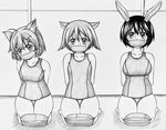  ahoge angry animal_ears arms_behind_back bangs bdsm blush bondage bound bound_knees breasts bunny_ears collarbone dog_ears full_body gag gagged graphite_(medium) greyscale hair_between_eyes hair_flaps hair_ornament hairclip highres hips improvised_gag karibuchi_hikari large_breasts leaning_forward legs_together lineup looking_at_viewer medium_breasts miyafuji_yoshika monochrome multiple_girls old_school_swimsuit one-piece_swimsuit parted_bangs school_swimsuit seiza shimohara_sadako short_hair sitting small_breasts squirrel_ears strike_witches sweat swimsuit tape tape_bondage tape_gag thighs traditional_media world_witches_series yoshimasa 