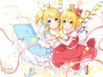  6u_(eternal_land) ayase_eli blonde_hair blue_dress blue_eyes crossover dress flandre_scarlet gloves hair_ribbon looking_at_viewer love_live! love_live!_school_idol_project mary_janes multiple_girls petticoat ponytail puffy_short_sleeves puffy_sleeves red_dress red_eyes ribbon shoes short_sleeves side_ponytail smile touhou white_gloves wings 