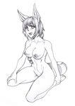  anthro areola autumm_airwave breasts feline female kneeling looking_at_viewer mammal monochrome nipples nude open_mouth pussy solo 
