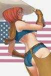  &gt;:) american_flag armpit_peek ass back bare_shoulders belt blue_eyes blush breasts brown_gloves chaps closed_mouth commentary_request cowboy_hat cowboy_shot crop_top crop_top_overhang fingerless_gloves flag_background from_side gloves hand_on_hip hat highres looking_to_the_side monica_blueash orange_hair profile school_girl_strikers shigatsugata short_shorts shorts sideways_glance sleeveless small_breasts smile solo underboob v-shaped_eyebrows 