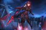  armor bodysuit breasts city covered_navel fate/grand_order fate_(series) gae_bolg highres holding holding_weapon large_breasts long_hair purple_hair red_eyes scathach_(fate)_(all) scathach_(fate/grand_order) shoulder_armor solo very_long_hair weapon yykuaixian 