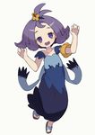  :3 :d acerola_(pokemon) armlet claw_pose dress flipped_hair hair_ornament hajime_(hajime-ill-1st) highres looking_at_viewer open_mouth pokemon pokemon_(game) pokemon_sm purple_eyes purple_hair sandals short_hair smile solo stitches topknot trial_captain 