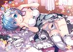  bare_shoulders bed blue_eyes blue_hair blush bow bow_panties breasts cleavage eyes_visible_through_hair frilled_sleeves frills fujima_takuya garter_belt hair_ornament hair_over_one_eye indoors looking_at_viewer lying maid maid_headdress medium_breasts on_bed open_mouth panties panty_pull pink_ribbon re:zero_kara_hajimeru_isekai_seikatsu rem_(re:zero) ribbon short_hair sleeves_removed solo thighhighs underbust underwear white_legwear white_panties x_hair_ornament 