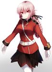  &gt;:( absurdres bangs belt black_ribbon black_skirt braid breasts closed_mouth commentary_request cowboy_shot epaulettes eyebrows_visible_through_hair fate/grand_order fate_(series) florence_nightingale_(fate/grand_order) frown gloves hair_ribbon highres kinona large_breasts long_sleeves looking_at_viewer military military_uniform pantyhose pink_hair red_eyes ribbon serious single_braid skirt solo tied_hair tsurime uniform v-shaped_eyebrows white_gloves white_legwear 