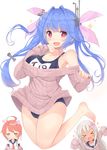  barefoot blue_hair breast_envy fang hair_ribbon highres i-19_(kantai_collection) i-58_(kantai_collection) kagerou_(shadowmage) kantai_collection long_hair multiple_girls name_tag one-piece_swimsuit red_eyes ribbed_sweater ribbon ro-500_(kantai_collection) sailor_collar school_swimsuit solo_focus star star-shaped_pupils sweater swimsuit swimsuit_under_clothes symbol-shaped_pupils tri_tails twintails 