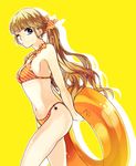  ;) arms_behind_back blonde_hair blue_eyes closed_mouth innertube kokuhaku_jikkou_iinkai long_hair narumi_sena navel one_eye_closed ponytail silhouette simple_background smile solo star swimsuit yamako_(state_of_children) yellow_background 