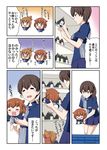  brown_eyes brown_hair chibi closed_eyes comic employee_uniform fang folded_ponytail food hair_ornament hairclip ikazuchi_(kantai_collection) inazuma_(kantai_collection) kaga_(kantai_collection) kantai_collection kotanu_(kotanukiya) lawson lifting_person multiple_girls onigiri open_mouth short_hair side_ponytail skirt tears translated trembling uniform wavy_mouth younger 