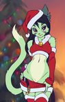  2016 black_hair breasts cat christmas christmas_tree clothing dash_ravo dreamkeepers feline female fur green_fur hair hat holidays lilith_calah mammal midriff navel purple_eyes santa_hat solo tree undressing 