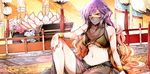  alternate_costume arabian_clothes bangs bare_shoulders bracelet breasts brown_hair cleavage closed_mouth commentary_request dancer gradient_hair harem_outfit hijiri_byakuren indoors jewelry kikuichi_monji knee_up large_breasts long_hair looking_at_viewer midriff multicolored_hair navel orange_eyes purple_hair sarong see-through sidelocks sitting smile solo stomach touhou underboob veil very_long_hair 