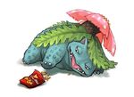  10s claws doritos fangs flower food highres lying nintendo no_humans open_mouth plant pokemon pokemon_(game) red_eyes simple_background solo teeth tongue venusaur white_background 