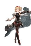  armpits blonde_hair bodysuit brown_eyes chaps cloak_removed crossed_legs djeeta_(granblue_fantasy) dual_wielding earrings elbow_gloves full_body gloves granblue_fantasy gun gunslinger_(granblue_fantasy) headband holding holding_gun holding_weapon jewelry leotard looking_at_viewer minaba_hideo official_art single_glove single_vambrace solo transparent_background trigger_discipline vambraces watson_cross weapon 