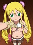  1girl aboido_(avoidable) bandai_namco belt blush blush_stickers breasts closed_mouth green_eyes heybot! holding kasrina long_twintails looking_at_viewer midriff navel nipples screw self_shot shiny shiny_skin shirt shirt_lift short_sleeves shorts small_breasts smile solo standing twintails 