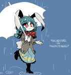  :3 animal_ears blue_background blue_hair blush_stickers boots bunny_ears bunny_tail buttons crescent crescent_print eyebrows_visible_through_hair eyelashes eyes_visible_through_hair fur_trim high_heel_boots high_heels jacket leg_up long_hair low-tied_long_hair low_twintails puddle rain red_eyes romaji scarf seiran_(touhou) silhouette solo star star-shaped_pupils star_print sweater symbol-shaped_pupils tail touhou turtleneck turtleneck_sweater twintails umbrella yt_(wai-tei) 