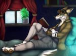  anthro bed book canine clothed clothing coyote fur hair inside male mammal nightart pillow sitting solo 