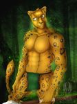  abs anthro clothing feline forest loincloth male mammal melee_weapon muscular nightart nipples pecs polearm smile solo spear standing teeth tree weapon 