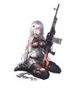  ammunition ammunition_belt bare_shoulders bear_hair_ornament belt between_breasts black_footwear blazer blush boots breast_press breasts covered_nipples dress eyebrows eyebrows_visible_through_hair full_body girls_frontline gun hair_between_eyes hair_ornament hair_over_one_eye high_heel_boots high_heels highres holding holding_gun holding_weapon impossible_clothes jacket kishiyo large_breasts leotard long_hair looking_at_viewer machine_gun magazine_(weapon) necktie necktie_between_breasts no_bra nose official_art pantyhose parted_lips pk_(girls_frontline) pk_machine_gun pleated_dress red_eyes scarf short_dress sitting solo strap thigh_boots thighhighs torn_boots torn_clothes torn_legwear transparent_background very_long_hair weapon white_hair white_scarf 
