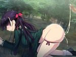  1girl aftersex all_fours arched_back ass blood blush breasts censored crying cum cum_in_pussy cum_string cumdrip doggystyle erection green_skirt hair_ribbon highres huge_breasts legs long_hair long_sleeves mosaic_censoring original outdoors panties panty_pull parted_lips penis purple_hair ribbon saliva school_uniform skirt skirt_lift solo_focus tears thighs trees underwear virgin yoko_juusuke 