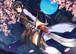  akanebi armor bangs black_hair blue_eyes blue_moon breastplate cherry_blossoms cloud cloudy_sky commentary dutch_angle from_below full_moon hairband holding holding_weapon japanese_armor japanese_clothes kusazuri lace lace-trimmed_panties light_smile long_hair looking_at_viewer moon naginata night night_sky original over-kneehighs panties pantyshot pantyshot_(standing) petals polearm sky solo standing thighhighs thighs tower underwear very_long_hair weapon white_legwear white_panties 