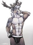  abs anthro briefs bulge cervine clothed clothing front_view hand_on_hip mammal mnty mnty_(character) muscular nipples pecs pinup pose reindeer rubbing_head signature solo standing topless underwear 