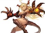  blonde_hair breasts claws dark_skin dragon_tail highres horns long_hair medium_breasts original pointy_ears simple_background solo suoni_(deeperocean) tail thick_thighs thighs yellow_eyes 