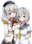  beret blue_eyes breasts epaulettes eyes_visible_through_hair frilled_sleeves frills gloves hair_ornament hair_over_one_eye hairclip hamakaze_(kantai_collection) hand_on_another's_shoulder hat kantai_collection kashima_(kantai_collection) large_breasts long_hair military military_uniform multiple_girls school_uniform serafuku short_hair silver_hair simple_background smile tsurime uniform wavy_hair white_background white_gloves yuuki_hb 