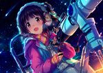  :d animal_earmuffs bangs bear black_hair blunt_bangs blush breath brown_eyes chair cold dutch_angle earmuffs fingerless_gloves flat_chest gloves hair_ornament holding hood hood_down hooded_jacket idolmaster idolmaster_million_live! ima_(lm_ew) jacket light_particles long_sleeves looking_up nakatani_iku night night_sky one_side_up open_clothes open_jacket open_mouth pants pink_scarf polka_dot revision scarf shooting_star short_hair sitting sky smile solo star_(sky) telescope twilight white_pants zipper 