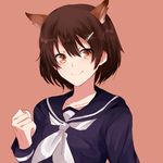  animal_ears brave_witches brown_eyes brown_hair clenched_hand extra_ears hair_ornament hairclip karibuchi_hikari red_background retto school_uniform serafuku short_hair simple_background smile solo squirrel_ears upper_body world_witches_series 