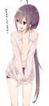  ahoge collared_shirt hair_between_eyes highres long_hair long_sleeves looking_to_the_side male_focus manatsuki_manata namazuo_toushirou navel open_clothes open_shirt panties purple_eyes purple_hair see-through shirt solo tied_hair touken_ranbu translation_request underwear v_arms very_long_hair water_drop wet wet_clothes white_shirt 