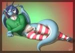  2016 anthro balls blue_eyes blue_hair candy candy_cane claws clothed clothing dragon food hair hi_res horn humanoid_penis legwear looking_at_viewer lying male membranous_wings mouth_hold on_side penis scalie skipsy socks solo striped_legwear stripes sweater toe_claws toeless_socks uncut wings 