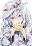  biting blue_eyes blue_hair blush buttons cake eyelashes fingernails flat_cap flat_chest food hair_between_eyes hammer_and_sickle hat head_tilt hibiki_(kantai_collection) holding holding_food kakao_rantan kantai_collection long_hair long_sleeves looking_at_viewer messy_hair school_uniform serafuku silver_hair simple_background solo star sweets swiss_roll upper_body verniy_(kantai_collection) white_background white_hat 