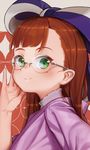  adjusting_eyewear anne_(wixoss) bangs bespectacled blunt_bangs blush bow brown_hair glasses green_eyes hair_bow long_hair looking_at_viewer mole mole_under_eye shamonabe smile solo wixoss 