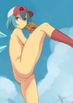  ass bad_id bad_pixiv_id baseball_cap baseball_mitt blue_eyes blue_hair blue_sky cirno closed_mouth cloud day eyebrows_visible_through_hair hair_between_eyes hat highres ice ice_wings kneehighs leg_up looking_away nishi_tanuki nude red_legwear short_hair sky socks solo standing standing_on_one_leg thighs touhou wings 