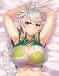  armpits braid breasts brown_eyes cleavage kantai_collection large_breasts long_hair lying navel on_back smile solo unryuu_(kantai_collection) white_hair yamaarashi 