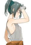  artist_name bangs bare_arms bare_shoulders blush bow breasts clothes_around_waist commentary_request gloves green_bow green_hair grey_hair hair_bow hita_(hitapita) kantai_collection messy_hair no_bra ponytail sideboob simple_background sleeveless small_breasts solo tank_top white_background white_gloves yuubari_(kantai_collection) 