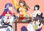  bangs black_hair breasts brown_hair chinese_clothes cleavage closed_eyes commentary_request detached_sleeves drunk earrings fate/grand_order fate_(series) flower hair_flower hair_ornament hanfu jewelry jing_ke_(fate/grand_order) konpaasu large_breasts long_hair mata_hari_(fate/grand_order) midriff multiple_girls navel open_mouth ponytail purple_hair saint_martha smile spatula underboob ushiwakamaru_(fate/grand_order) 