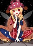  alternate_legwear american_flag_dress american_flag_legwear bangs black_background blonde_hair clownpiece dress fairy_wings hand_on_own_cheek hat highres indian_style jester_cap long_hair looking_at_viewer neck_ruff polka_dot red_eyes sh_(562835932) short_dress short_sleeves sitting smile solo spread_legs star star_print striped striped_legwear thighhighs touhou very_long_hair wings zettai_ryouiki 