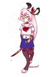  4_toes anthro blood clothed clothing digitigrade eyelashes female holding_object holding_weapon lagomorph mammal purrchinyan rabbit solo standing toes weapon wide_hips yellow_eyes 