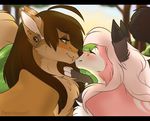  black_bars blurred_background brown_hair canine day duo ear_piercing eyelashes female feral fox fur green_eyes hair kissing male mammal outside piercing pink_fur purrchinyan smile tan_fur white_hair wolf 