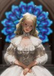  auausaikou blonde_hair breasts cleavage closed_mouth dress eyebrows gem head_tilt highres lips lolita_fashion looking_at_viewer medium_breasts no_bangs nose original solo stained_glass white_dress window 