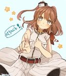  anchor belt blue_eyes blush breast_pocket breasts brown_hair buttons commentary cowboy_shot dress english eyebrows_visible_through_hair grey_eyes hair_between_eyes hair_ornament ina_(1813576) kantai_collection large_breasts long_hair looking_at_viewer neckerchief pocket pointing pointing_at_viewer ponytail red_neckwear saratoga_(kantai_collection) side_ponytail sidelocks simple_background smile smokestack solo star twitter_username white_dress 