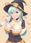  1girl aqua_eyes aqua_hair artist_request breasts candy candy_cane female halloween hat highres kantai_collection large_breasts long_hair solo suzuya_(kantai_collection) sweets witch_hat 