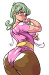  ass bow breasts copyright_request curvy green_hair hair_bow large_breasts leotard long_hair looking_at_viewer looking_back millefeuille pantyhose pink_leotard purple_eyes simple_background solo thick_thighs thighs white_background 