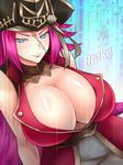  bare_shoulders blue_eyes breasts character_name cilica cleavage facial_scar fate/extra fate/grand_order fate_(series) francis_drake_(fate) hat highres huge_breasts long_hair pink_hair pirate_hat scar smirk solo 