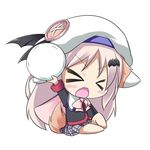  &gt;_&lt; animal_ears ball bat_hair_ornament cape chibi closed_eyes dog_ears dog_tail fang hair_ornament hat little_busters! long_hair noumi_kudryavka open_mouth peta_(taleslove596) plaid plaid_skirt school_uniform silver_hair sitting skirt solo tail 