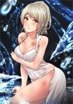  bare_arms bare_shoulders blonde_hair blush breast_hold breasts collarbone commentary_request dress eyebrows_visible_through_hair final_fantasy final_fantasy_xv go-it grey_eyes holding lunafreya_nox_fleuret ponytail sample solo torn_clothes torn_dress water_drop watermark 