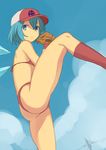  alternate_costume ass bad_id bad_pixiv_id baseball_cap baseball_mitt bikini blue_eyes blue_hair blue_sky cirno closed_mouth cloud day eyebrows_visible_through_hair hair_between_eyes hat highres ice ice_wings kneehighs leg_up looking_away nishi_tanuki red_bikini red_legwear short_hair sky socks solo standing standing_on_one_leg swimsuit touhou wings 